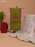 Mehendi Green and Maroon Cotton Dress Material With Block Prints & Embroidery Work Neck Pattern and Bottom & Dupatta