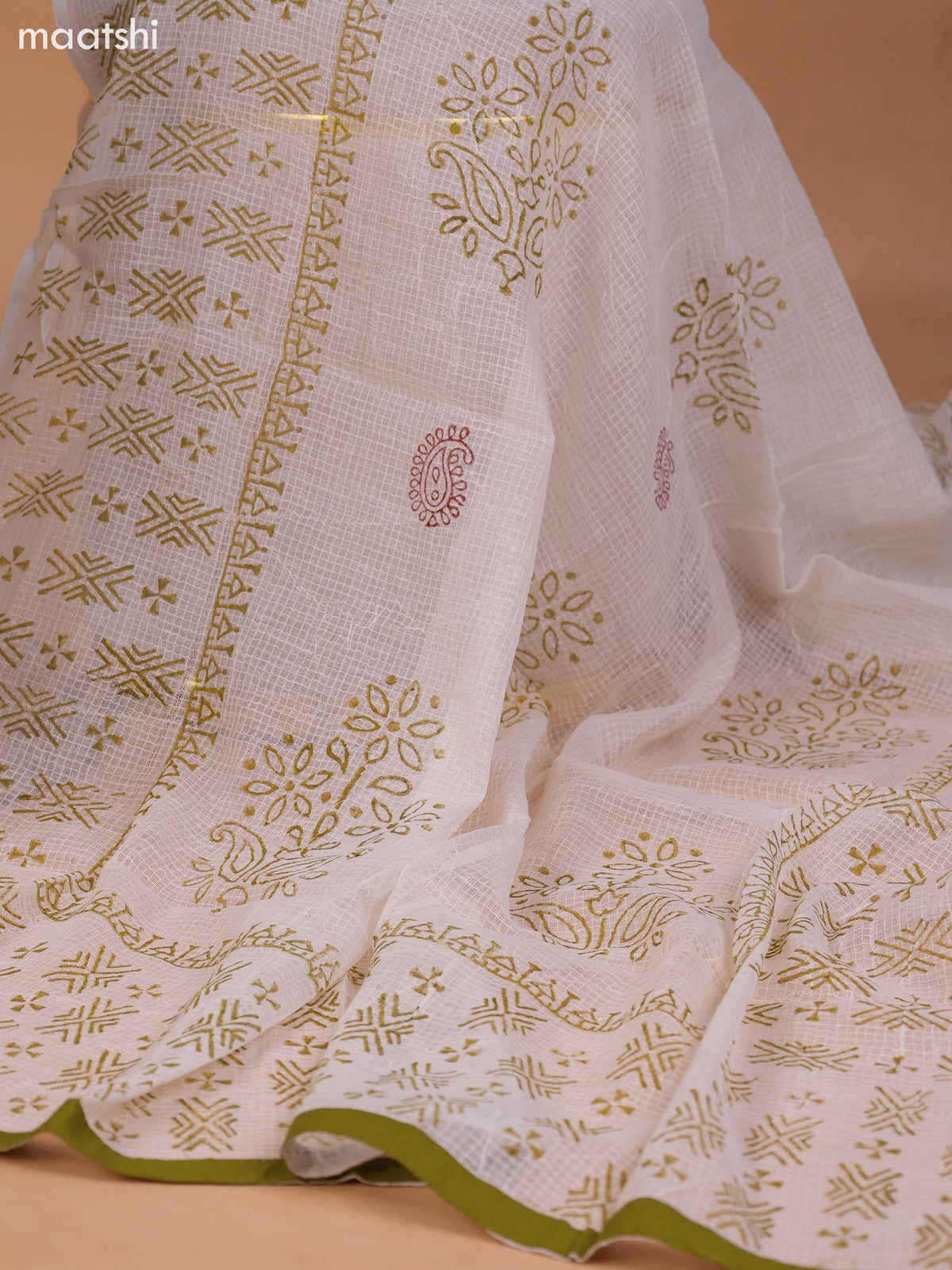 Mehendi Green and Maroon Cotton Dress Material With Block Prints & Embroidery Work Neck Pattern and Bottom & Dupatta