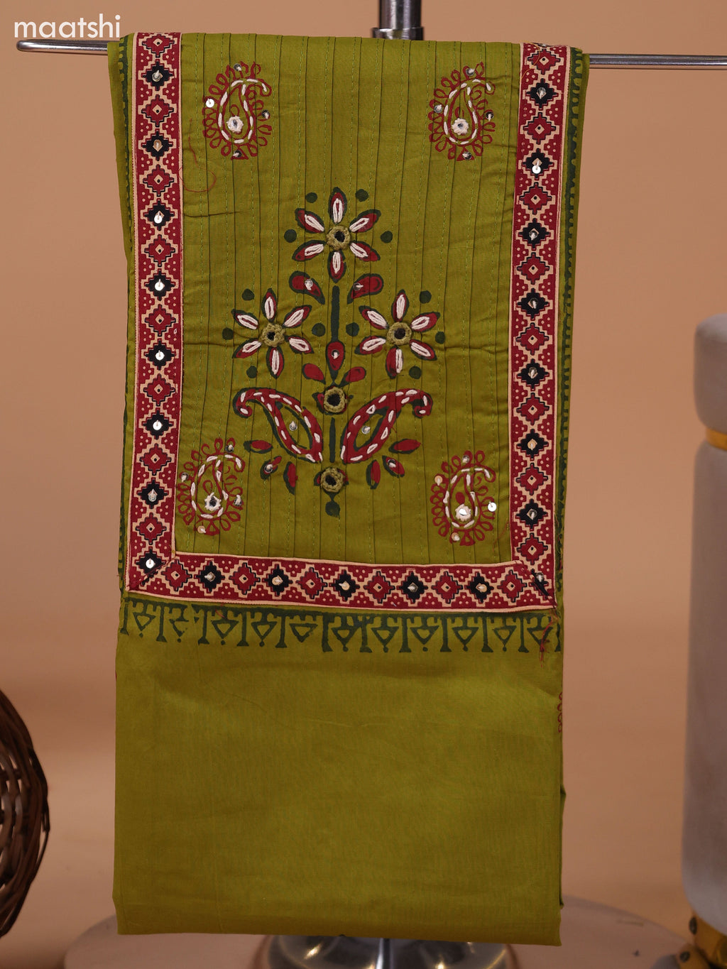 Mehendi Green and Maroon Cotton Dress Material With Block Prints & Embroidery Work Neck Pattern and Bottom & Dupatta