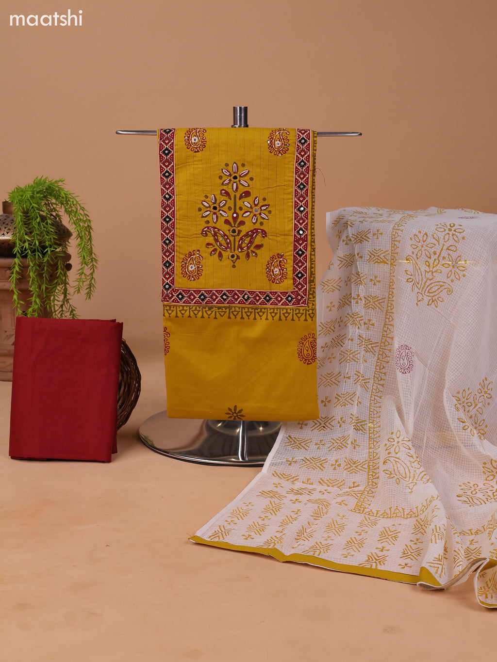 Mustard Yellow and Dark Rust Cotton Dress Material With Block Prints & Embroidery Work Neck Pattern and Bottom & Dupatta