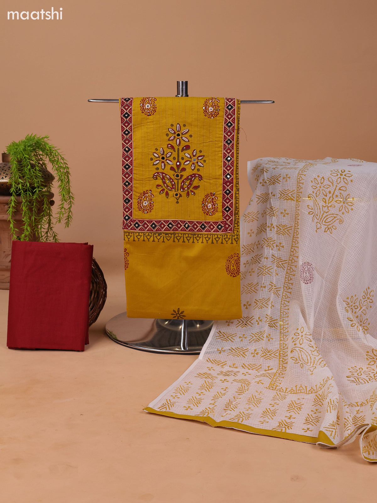 Mustard Yellow and Dark Rust Cotton Dress Material With Block Prints & Embroidery Work Neck Pattern and Bottom & Dupatta