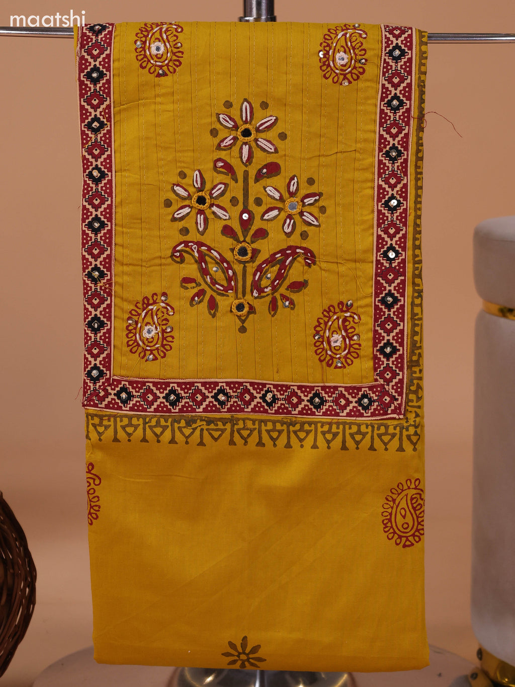 Mustard Yellow and Dark Rust Cotton Dress Material With Block Prints & Embroidery Work Neck Pattern and Bottom & Dupatta