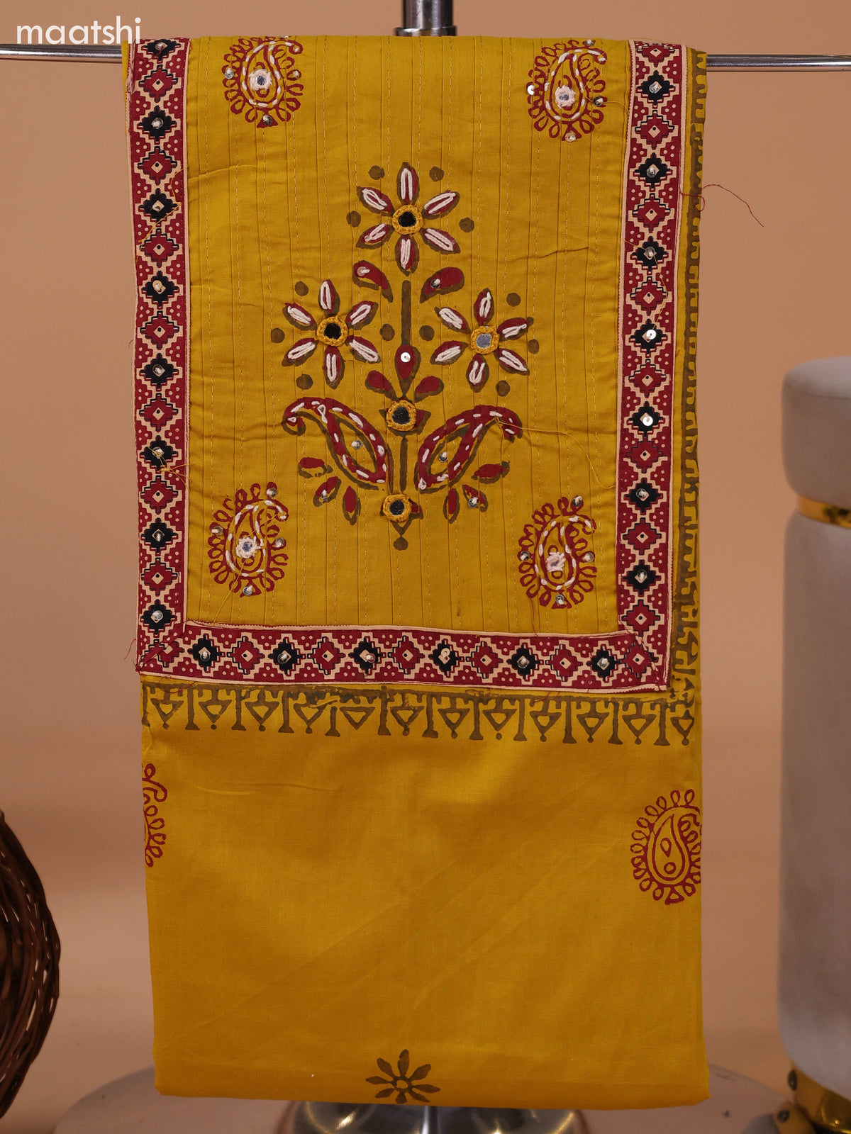 Mustard Yellow and Dark Rust Cotton Dress Material With Block Prints & Embroidery Work Neck Pattern and Bottom & Dupatta