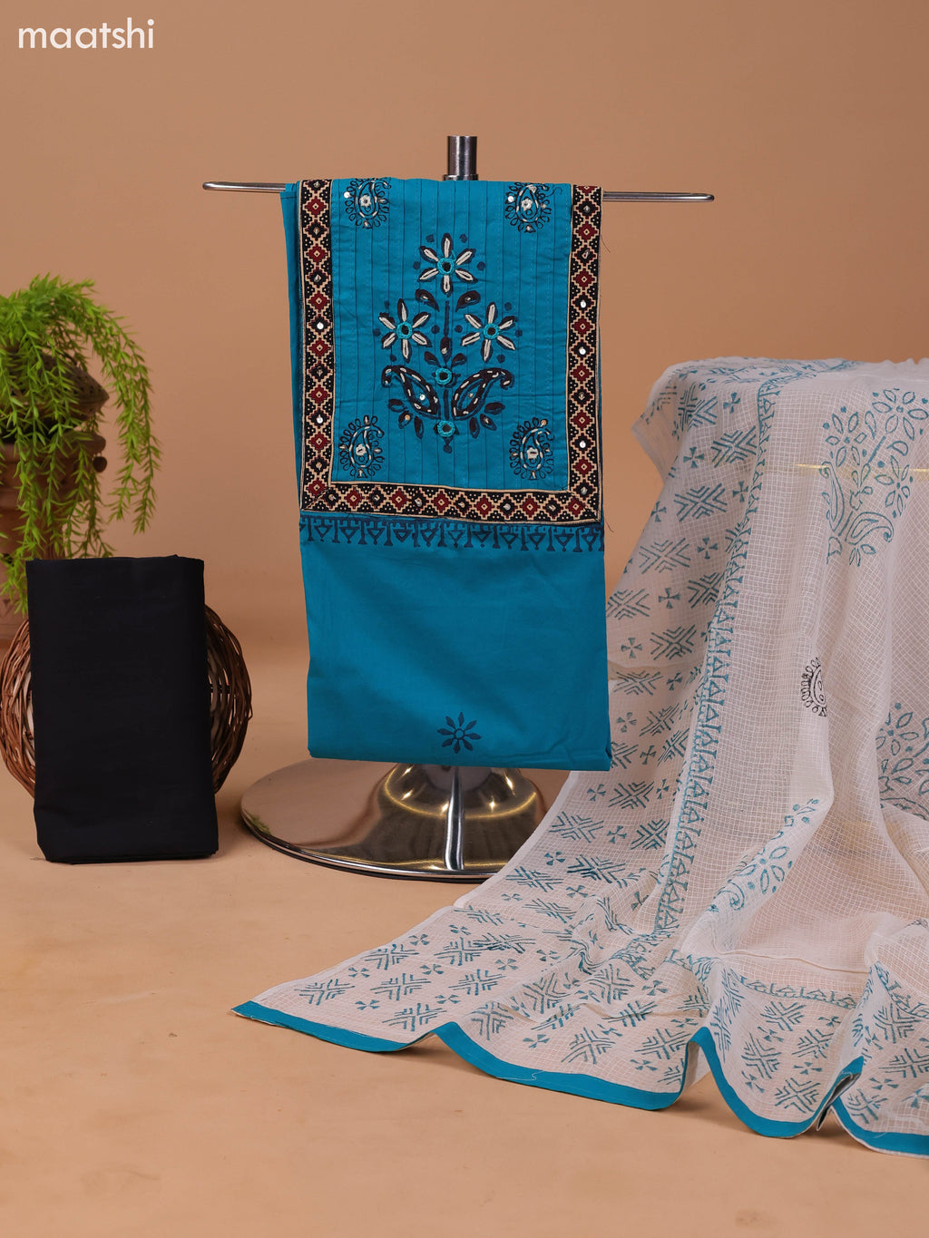 Teal Blue and Black Cotton Dress Material With Block Prints & Embroidery Work Neck Pattern and Bottom & Dupatta