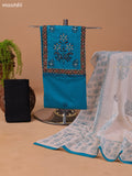 Teal Blue and Black Cotton Dress Material With Block Prints & Embroidery Work Neck Pattern and Bottom & Dupatta