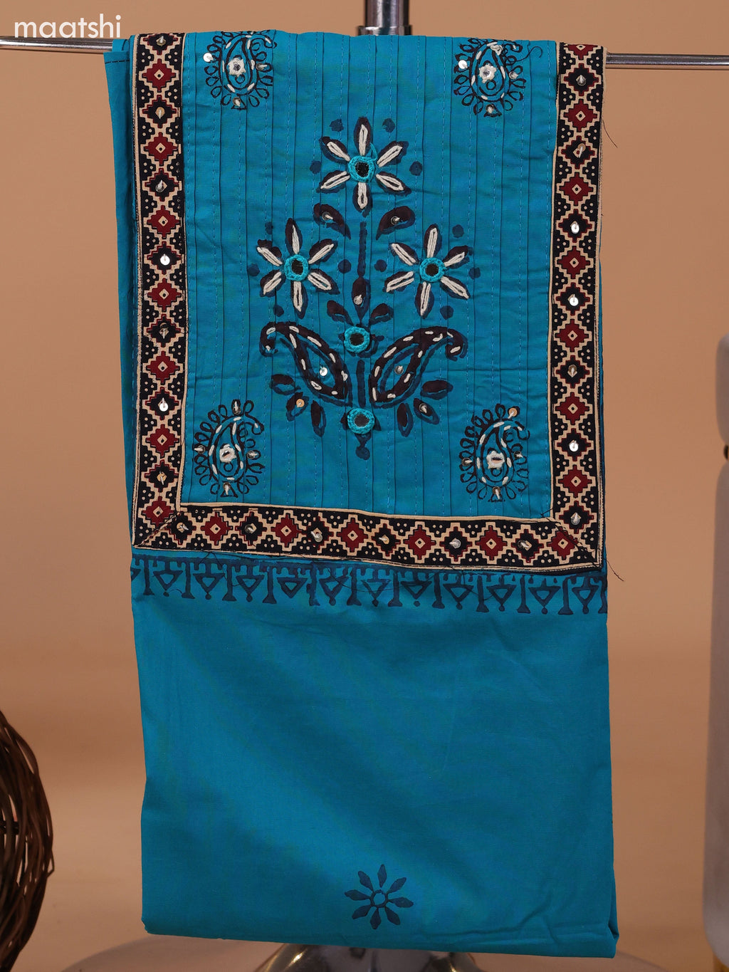 Teal Blue and Black Cotton Dress Material With Block Prints & Embroidery Work Neck Pattern and Bottom & Dupatta