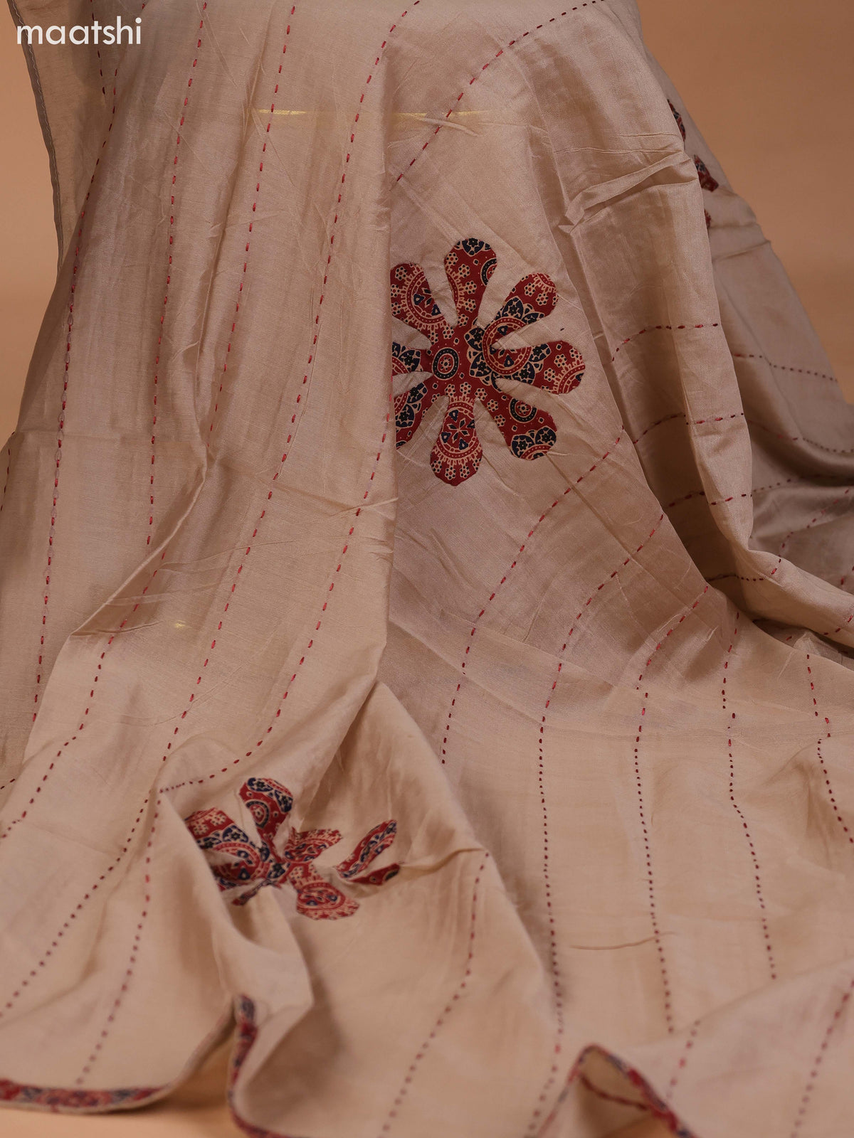 Dark Rust and Beige Cotton Dress Material With Ajrakh Prints & Patch Work Neck Pattern and Bottom & Dupatta
