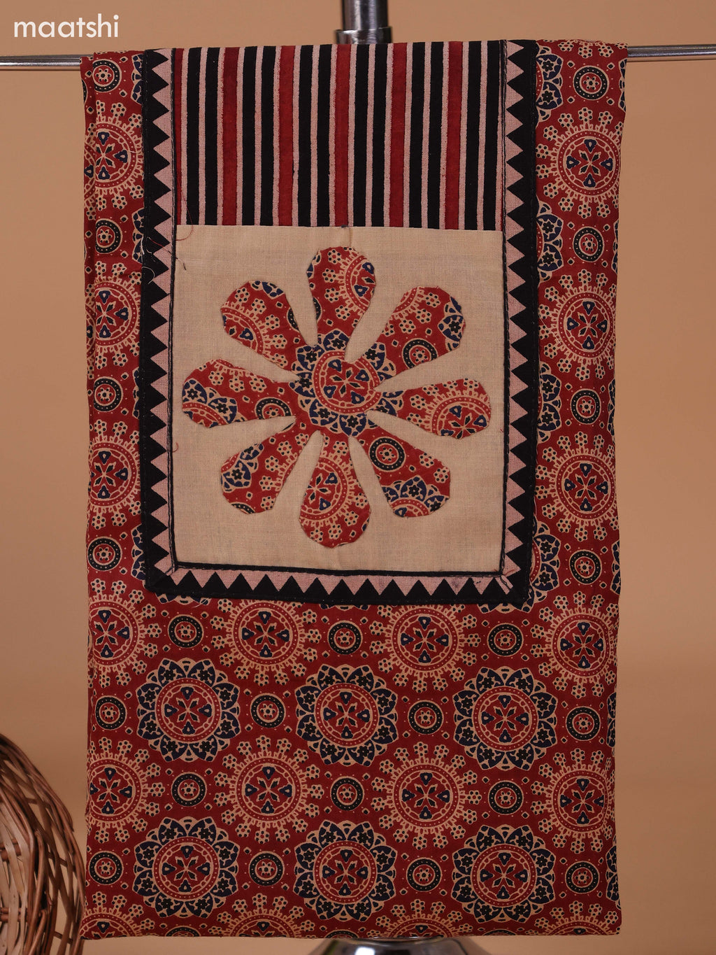 Dark Rust and Beige Cotton Dress Material With Ajrakh Prints & Patch Work Neck Pattern and Bottom & Dupatta
