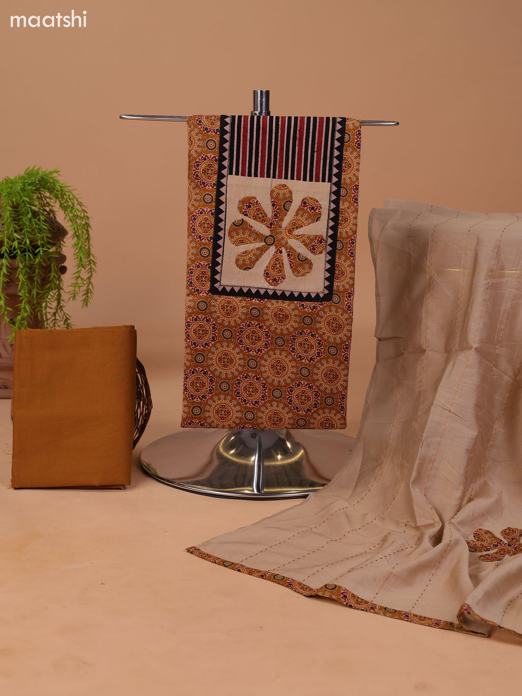 Dark Mustard and Beige Cotton Dress Material With Ajrakh Prints & Patch Work Neck Pattern and Bottom & Dupatta