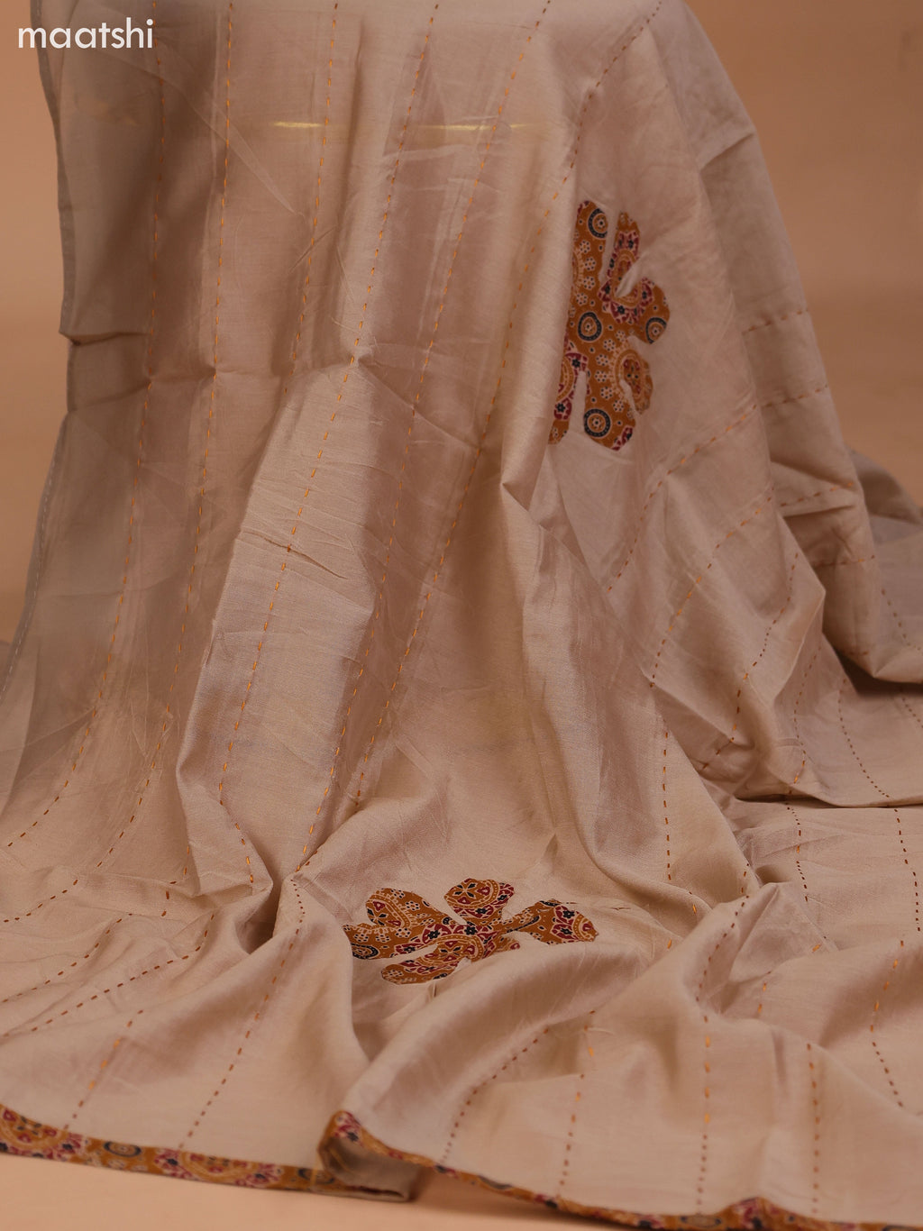 Dark Mustard and Beige Cotton Dress Material With Ajrakh Prints & Patch Work Neck Pattern and Bottom & Dupatta