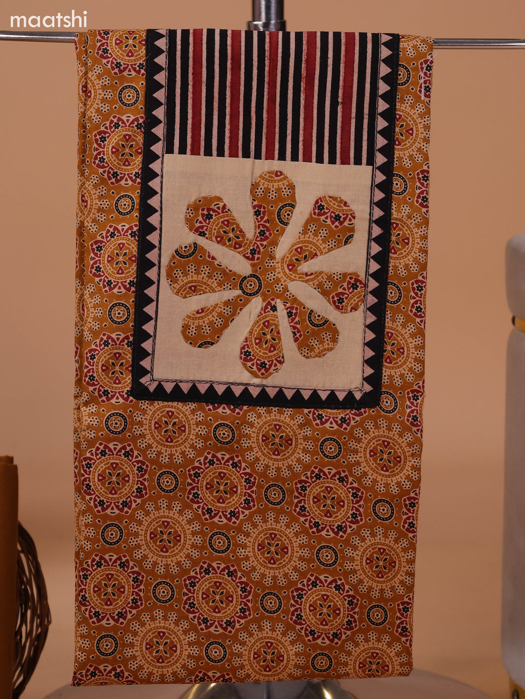Dark Mustard and Beige Cotton Dress Material With Ajrakh Prints & Patch Work Neck Pattern and Bottom & Dupatta