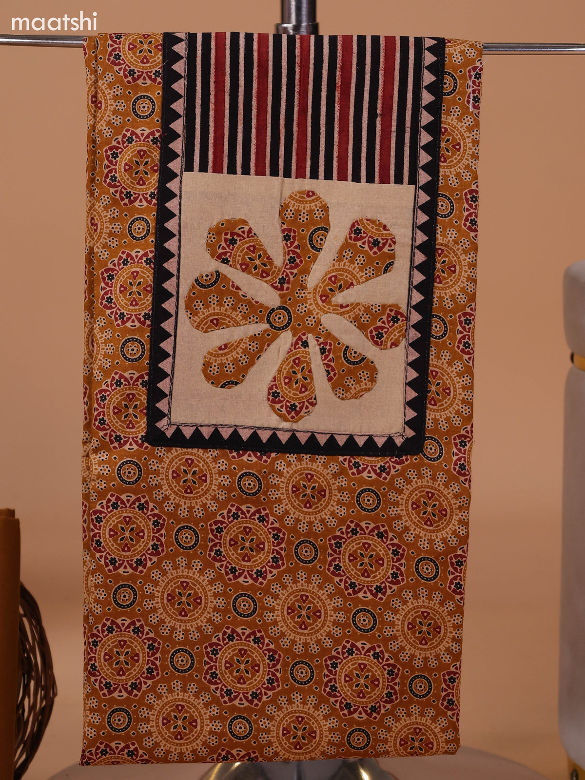 Dark Mustard and Beige Cotton Dress Material With Ajrakh Prints & Patch Work Neck Pattern and Bottom & Dupatta