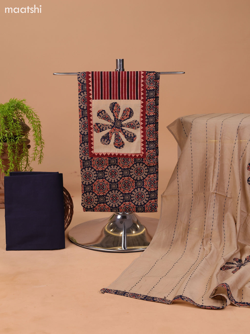 Dark Navy Blue and Beige Cotton Dress Material With Ajrakh Prints & Patch Work Neck Pattern and Bottom & Dupatta