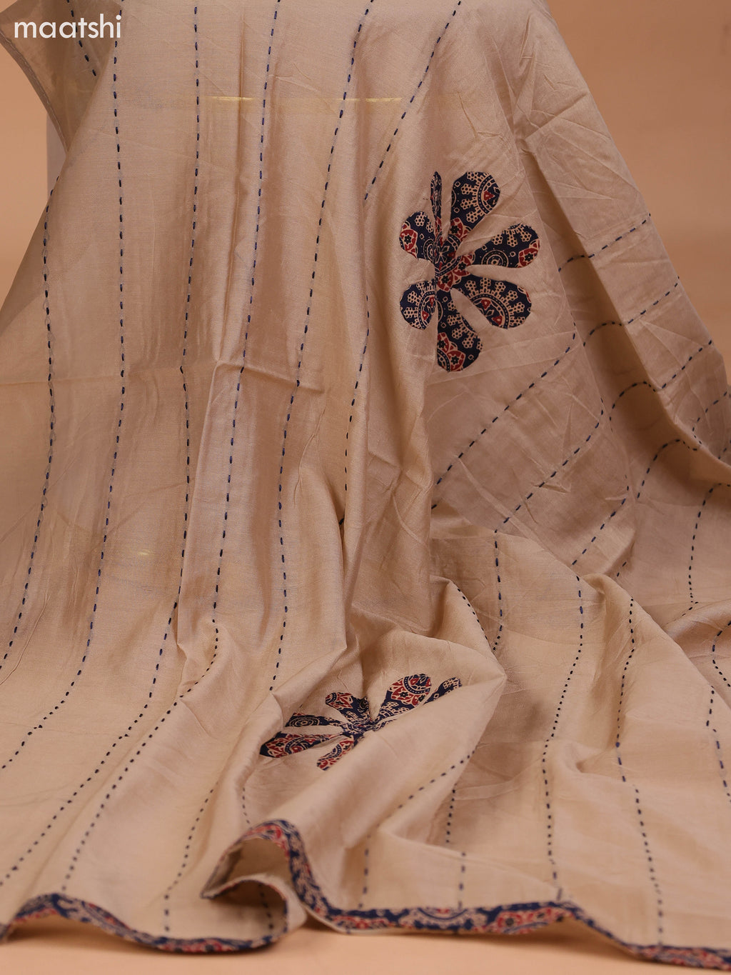 Dark Navy Blue and Beige Cotton Dress Material With Ajrakh Prints & Patch Work Neck Pattern and Bottom & Dupatta