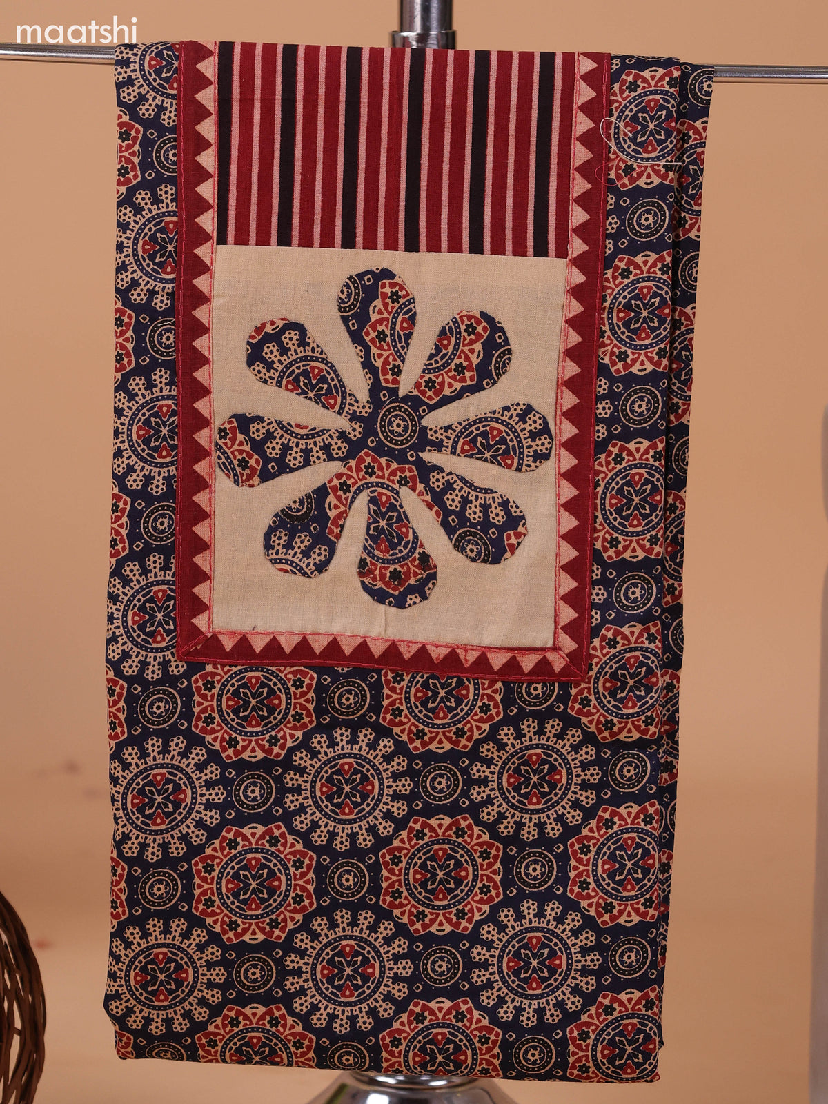 Dark Navy Blue and Beige Cotton Dress Material With Ajrakh Prints & Patch Work Neck Pattern and Bottom & Dupatta