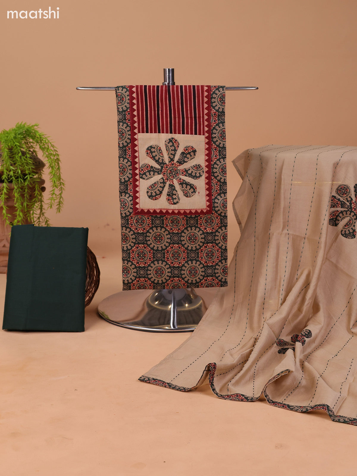 Green and Beige Cotton Dress Material With Ajrakh Prints & Patch Work Neck Pattern and Bottom & Dupatta