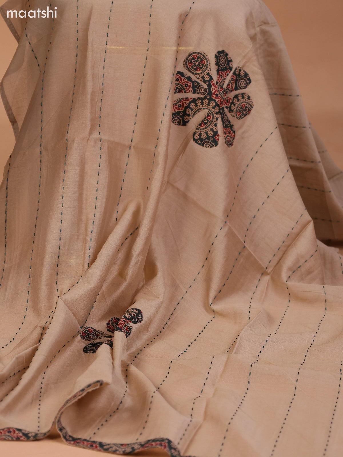 Green and Beige Cotton Dress Material With Ajrakh Prints & Patch Work Neck Pattern and Bottom & Dupatta