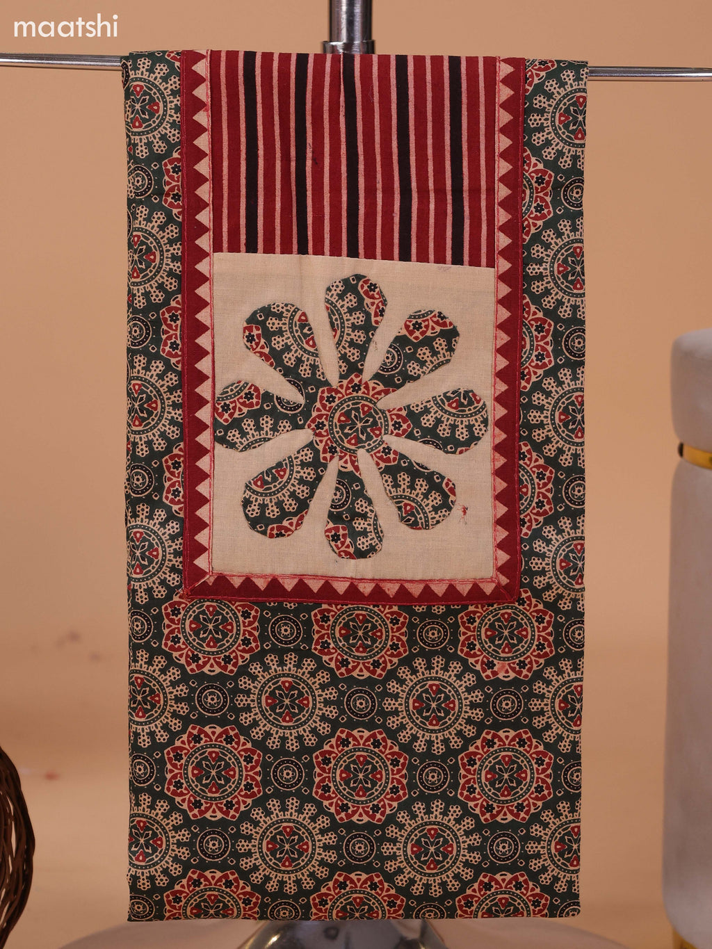 Green and Beige Cotton Dress Material With Ajrakh Prints & Patch Work Neck Pattern and Bottom & Dupatta