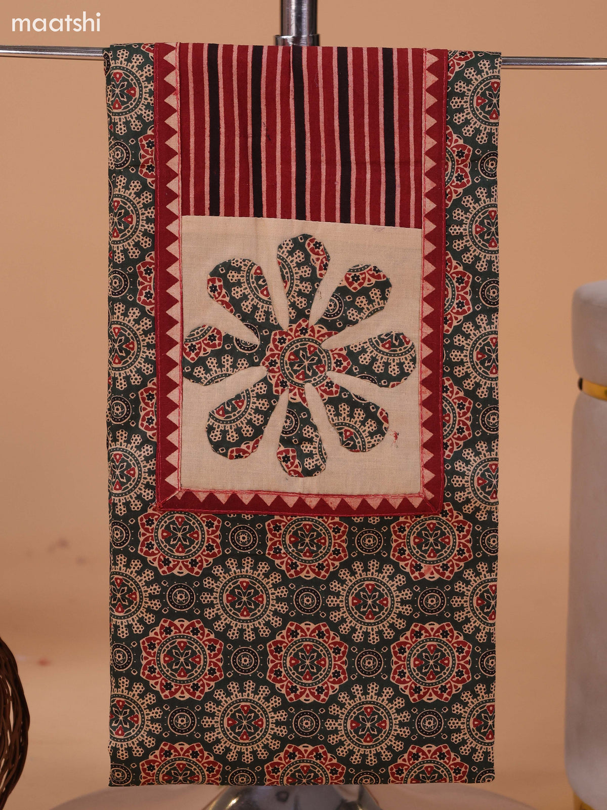 Green and Beige Cotton Dress Material With Ajrakh Prints & Patch Work Neck Pattern and Bottom & Dupatta