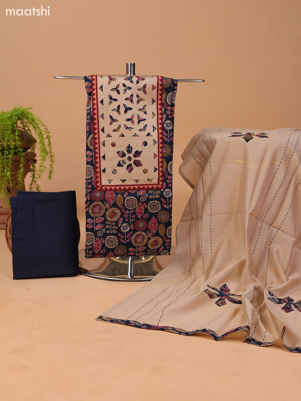 Dark Navy Blue and Beige Cotton Dress Material With Ajrakh Prints & Patch Work Neck Pattern and Bottom & Dupatta