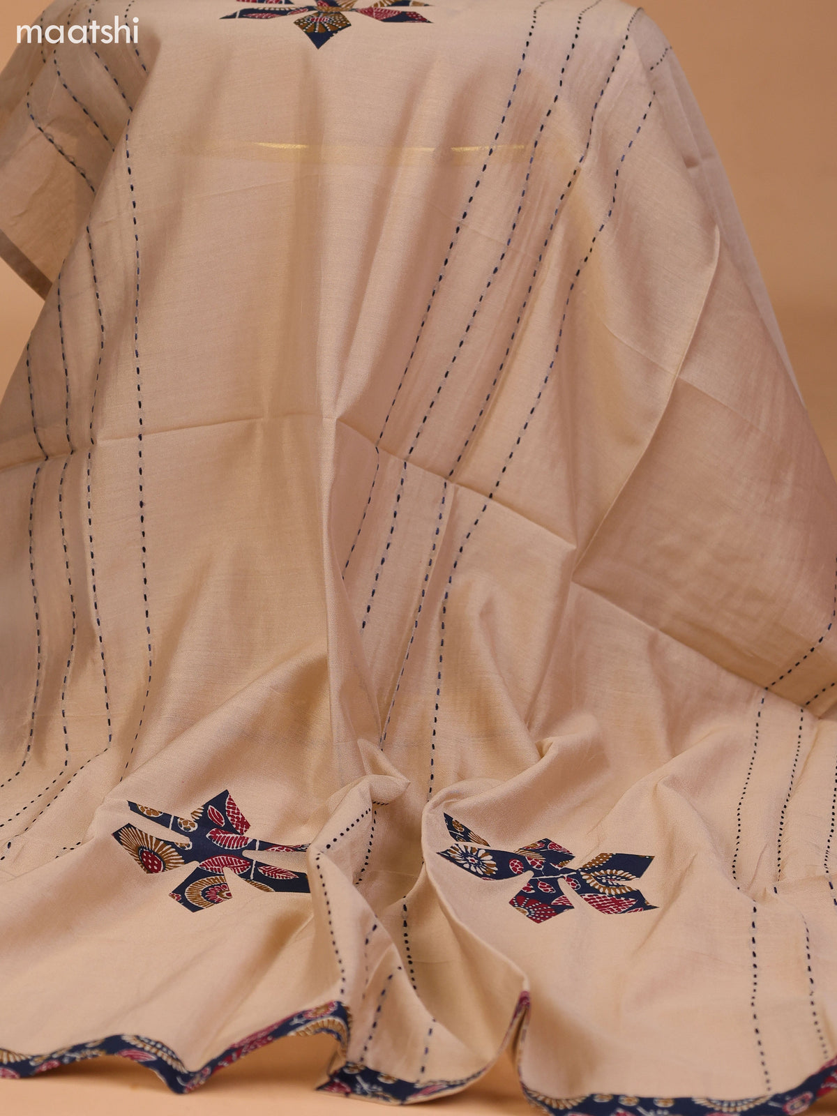Dark Navy Blue and Beige Cotton Dress Material With Ajrakh Prints & Patch Work Neck Pattern and Bottom & Dupatta