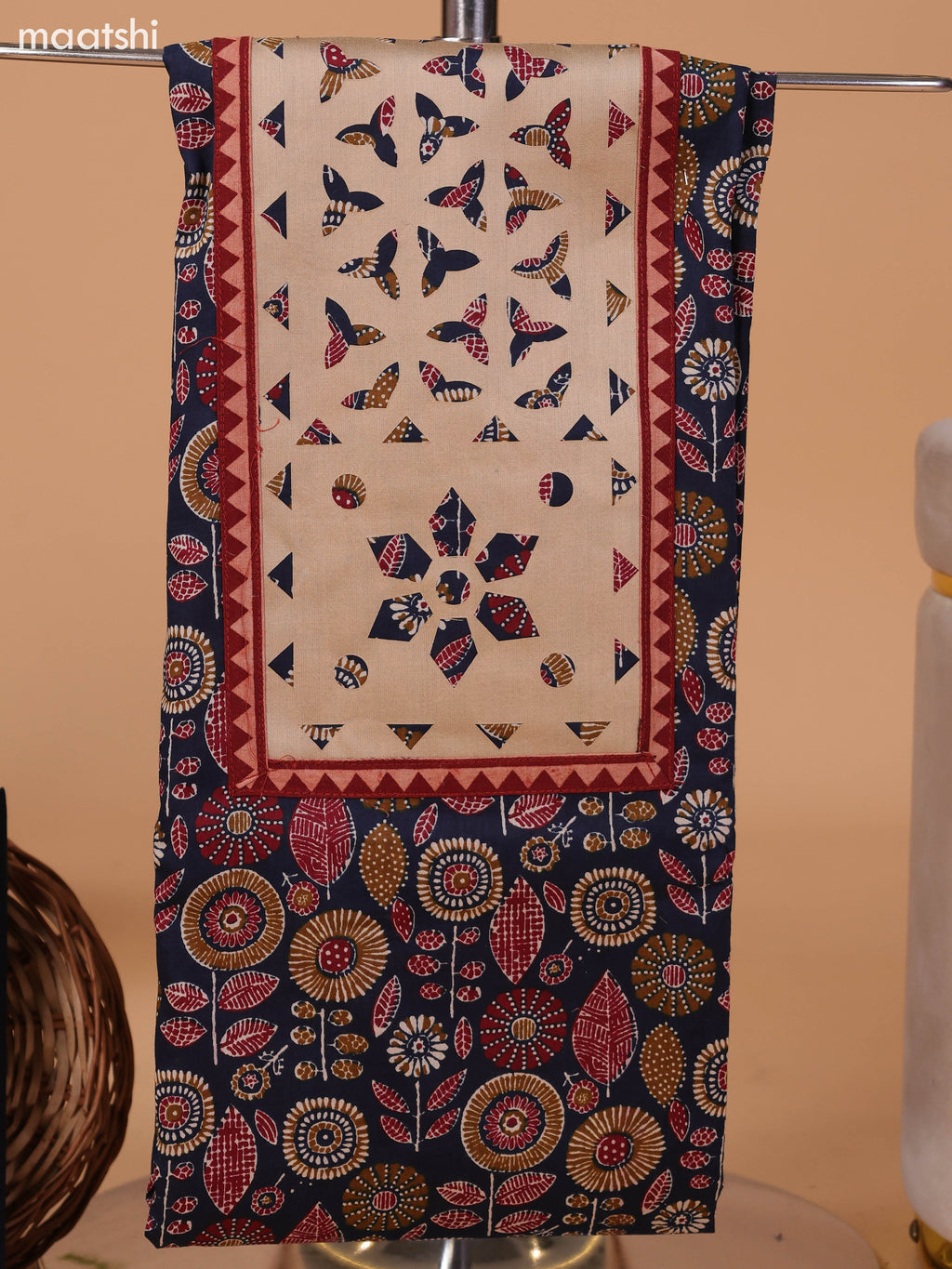 Dark Navy Blue and Beige Cotton Dress Material With Ajrakh Prints & Patch Work Neck Pattern and Bottom & Dupatta