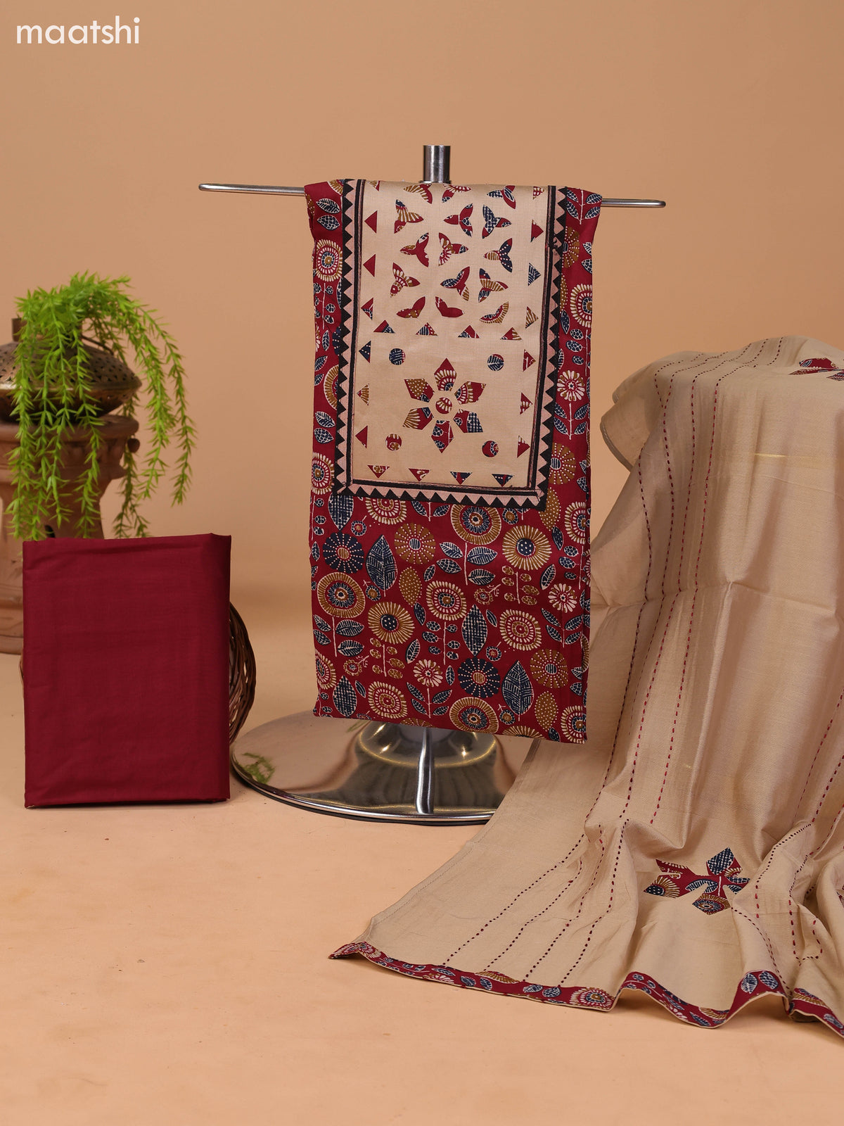 Maroon and Beige Cotton Dress Material With Ajrakh Prints & Patch Work Neck Pattern and Bottom & Dupatta