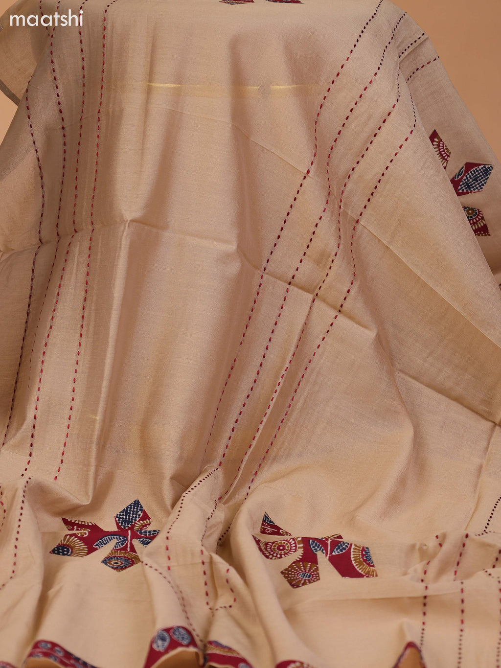 Maroon and Beige Cotton Dress Material With Ajrakh Prints & Patch Work Neck Pattern and Bottom & Dupatta
