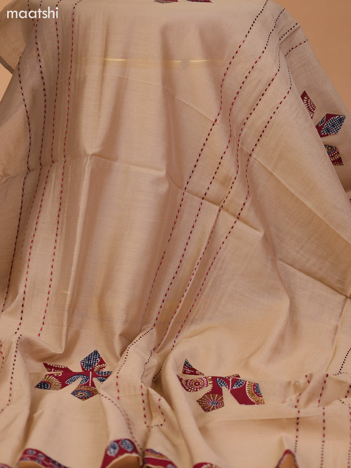 Maroon and Beige Cotton Dress Material With Ajrakh Prints & Patch Work Neck Pattern and Bottom & Dupatta