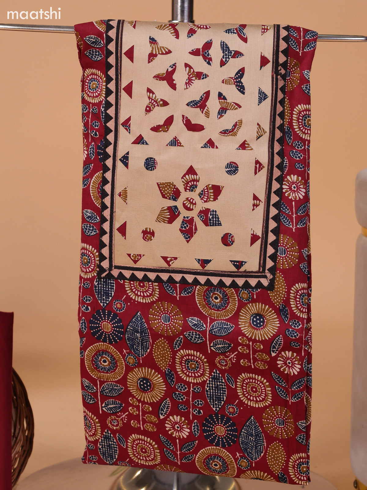 Maroon and Beige Cotton Dress Material With Ajrakh Prints & Patch Work Neck Pattern and Bottom & Dupatta