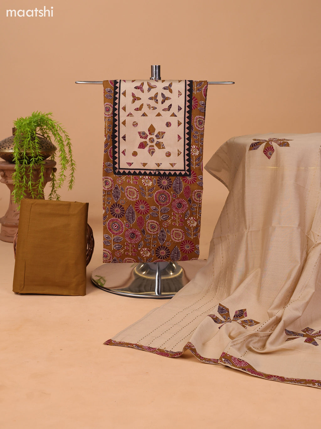 Mustard Green and Beige Cotton Dress Material With Ajrakh Prints & Patch Work Neck Pattern and Bottom & Dupatta