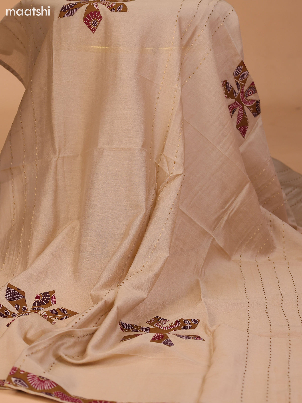 Mustard Green and Beige Cotton Dress Material With Ajrakh Prints & Patch Work Neck Pattern and Bottom & Dupatta