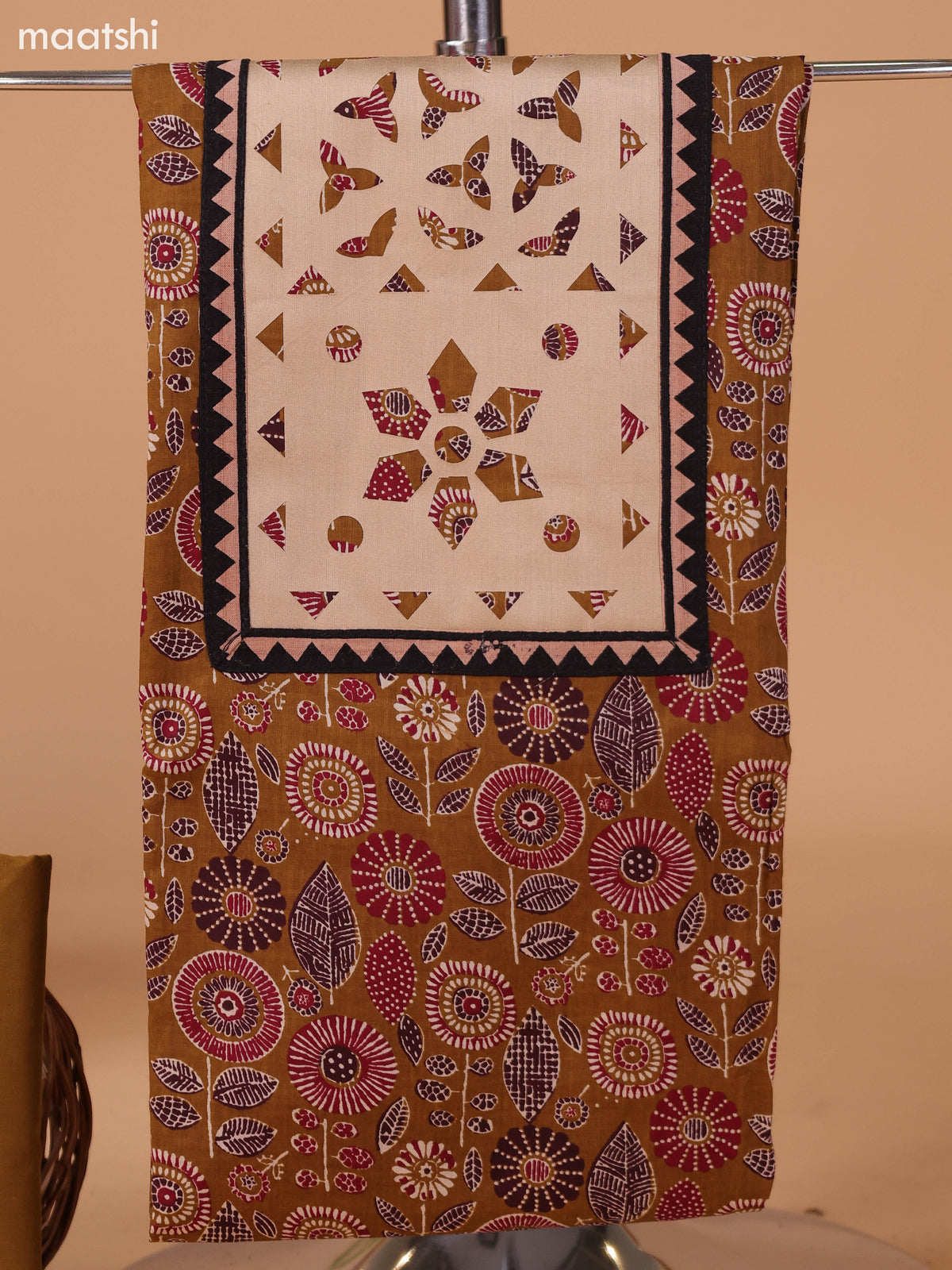 Mustard Green and Beige Cotton Dress Material With Ajrakh Prints & Patch Work Neck Pattern and Bottom & Dupatta