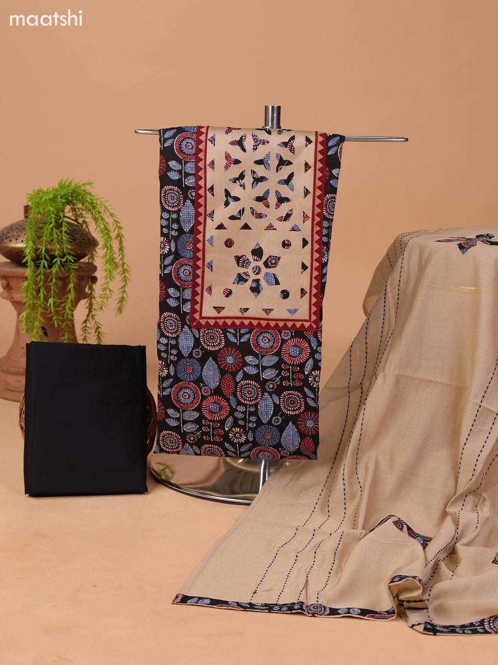 Black and Beige Cotton Dress Material With Ajrakh Prints & Patch Work Neck Pattern and Bottom & Dupatta