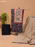 Black and Beige Cotton Dress Material With Ajrakh Prints & Patch Work Neck Pattern and Bottom & Dupatta