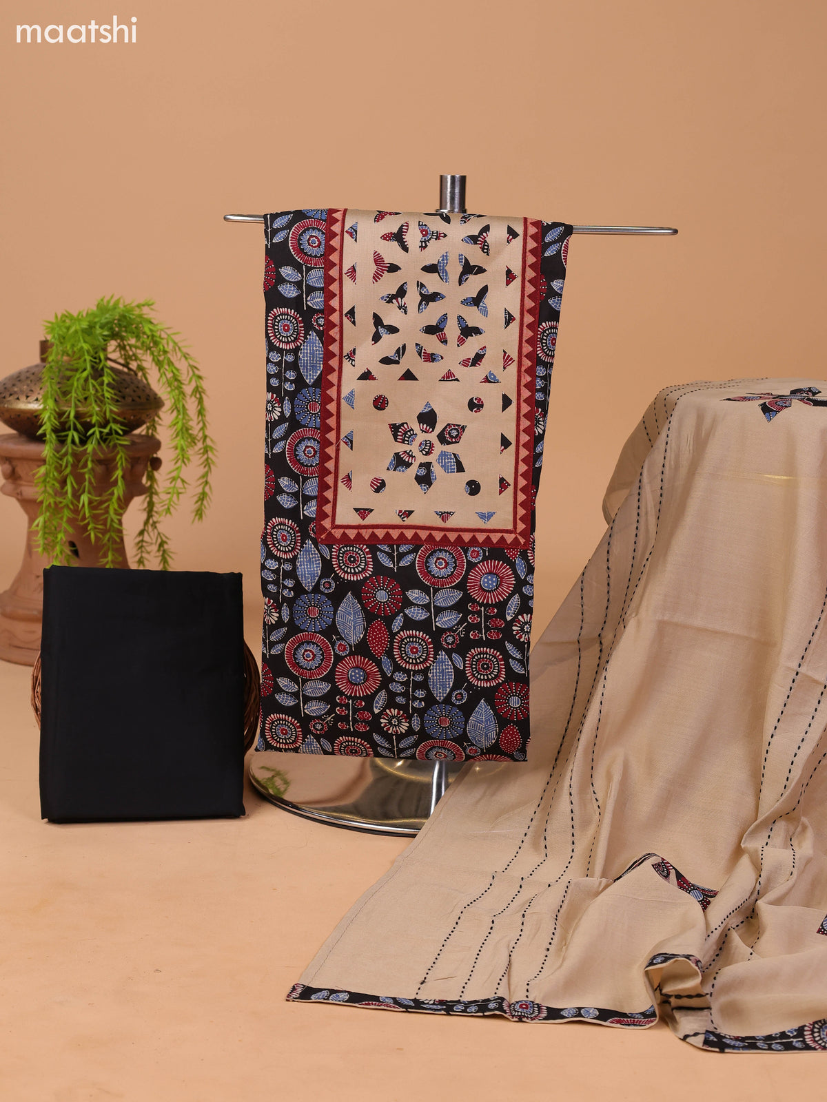 Black and Beige Cotton Dress Material With Ajrakh Prints & Patch Work Neck Pattern and Bottom & Dupatta