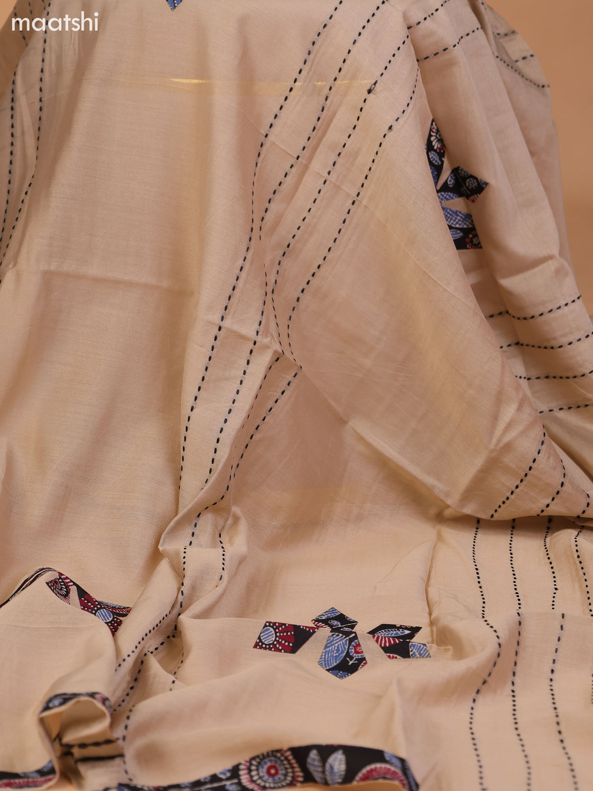 Black and Beige Cotton Dress Material With Ajrakh Prints & Patch Work Neck Pattern and Bottom & Dupatta
