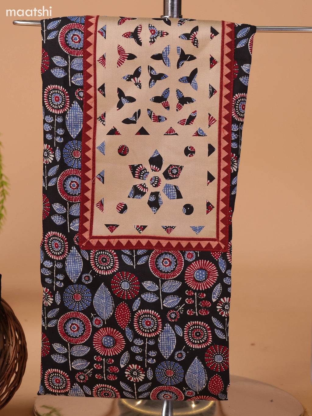 Black and Beige Cotton Dress Material With Ajrakh Prints & Patch Work Neck Pattern and Bottom & Dupatta