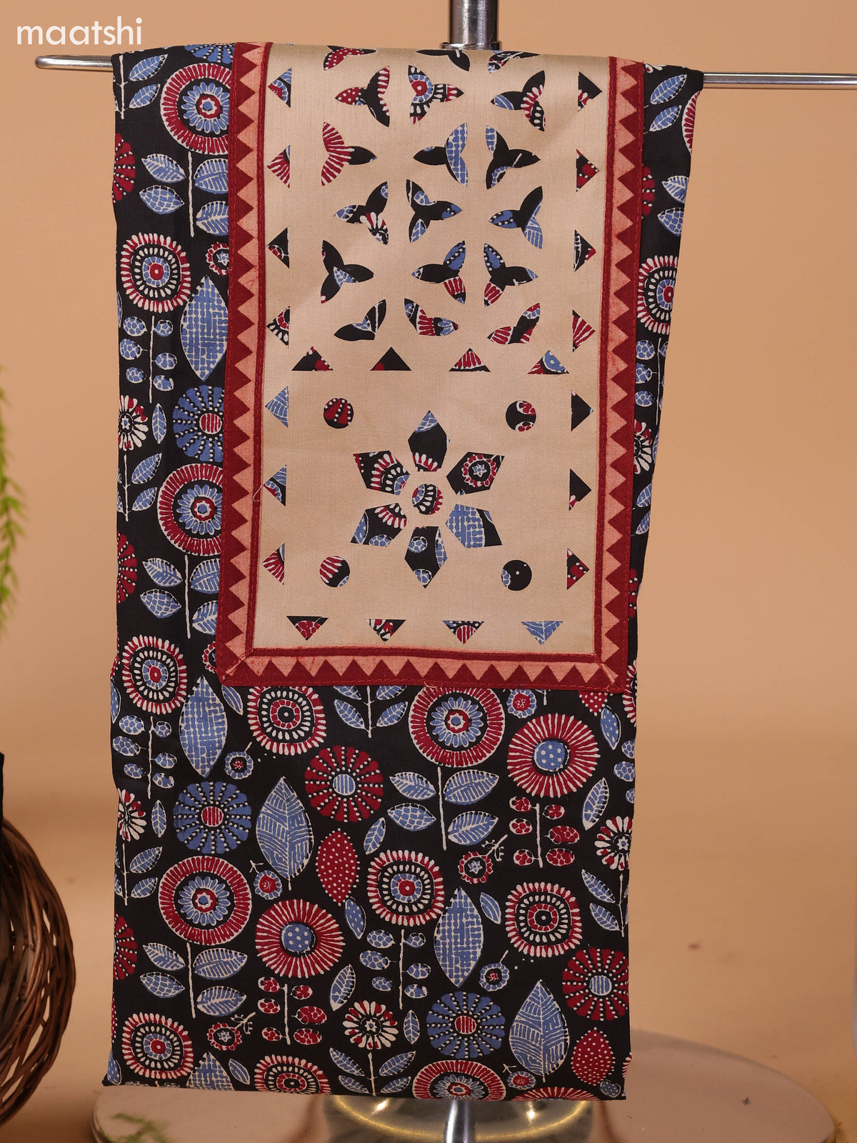 Black and Beige Cotton Dress Material With Ajrakh Prints & Patch Work Neck Pattern and Bottom & Dupatta