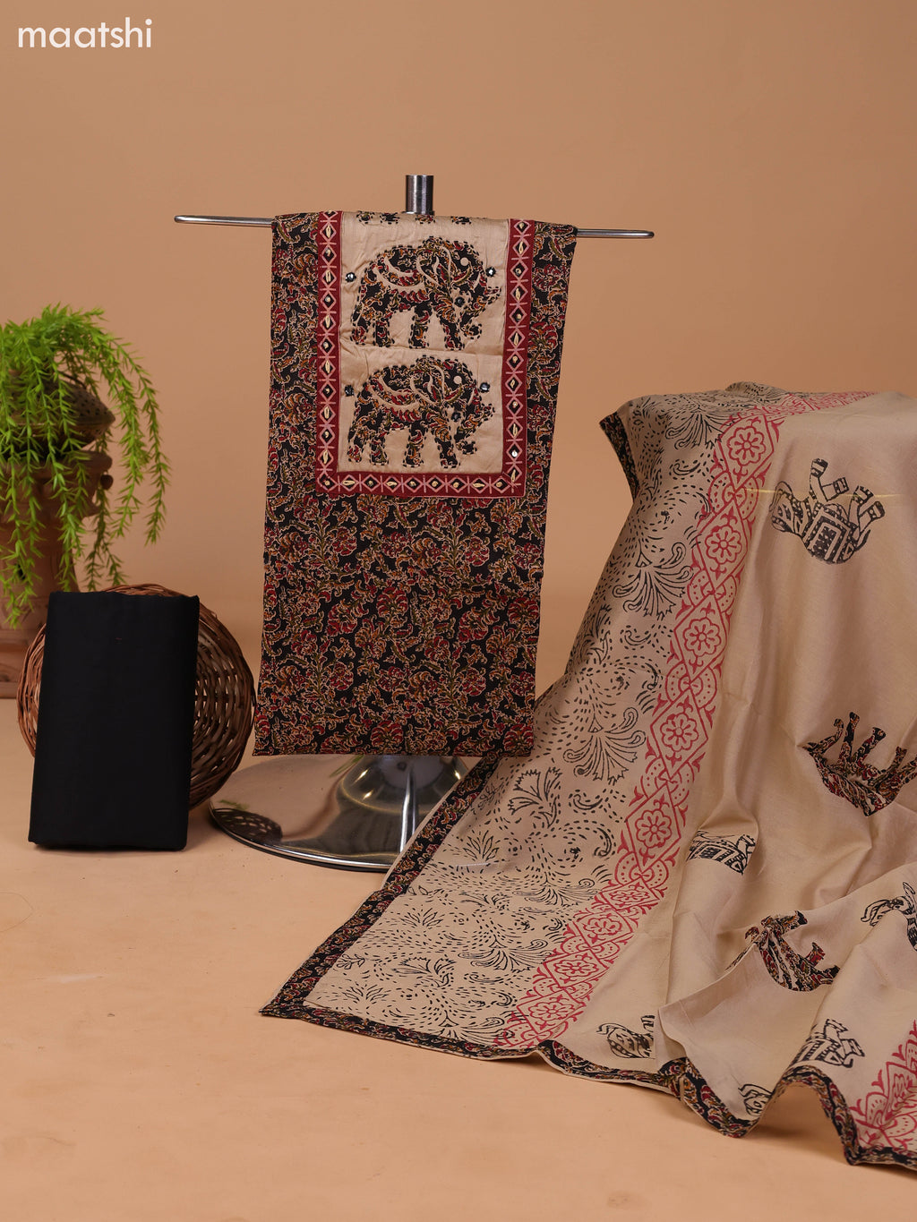 Black and Beige Cotton Dress Material With Kalamkari Prints & Patch Work Neck Pattern and Bottom & Dupatta