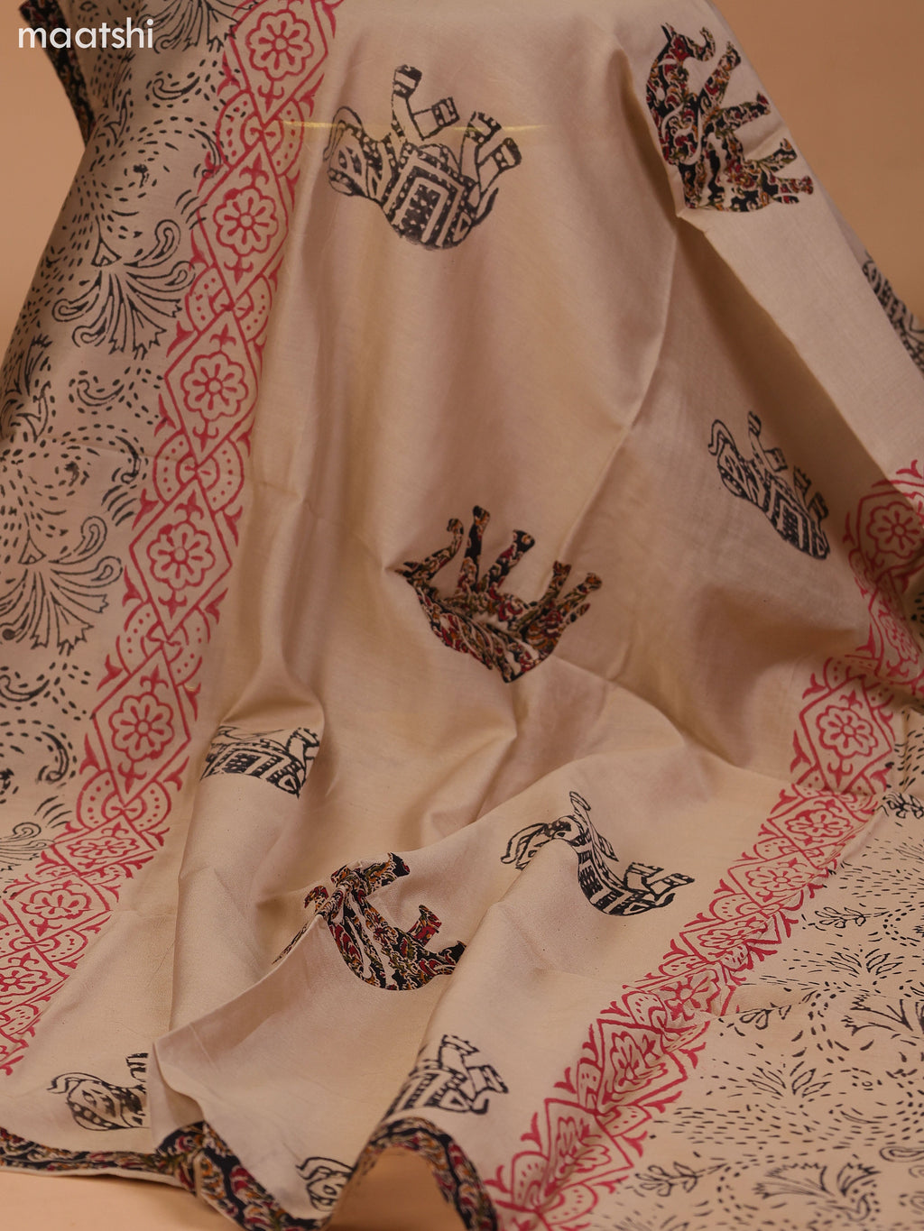 Black and Beige Cotton Dress Material With Kalamkari Prints & Patch Work Neck Pattern and Bottom & Dupatta