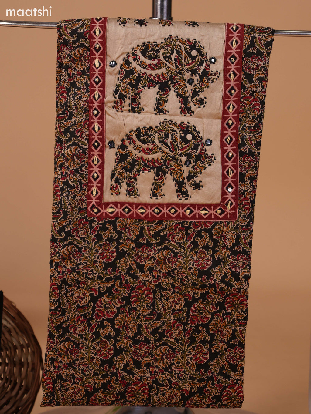 Black and Beige Cotton Dress Material With Kalamkari Prints & Patch Work Neck Pattern and Bottom & Dupatta