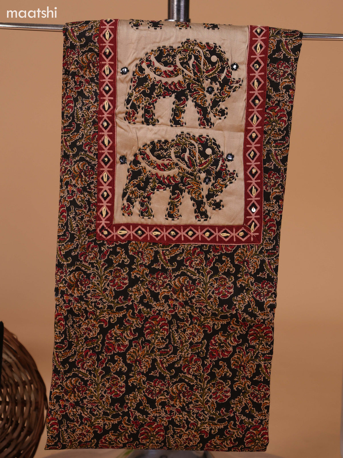 Black and Beige Cotton Dress Material With Kalamkari Prints & Patch Work Neck Pattern and Bottom & Dupatta