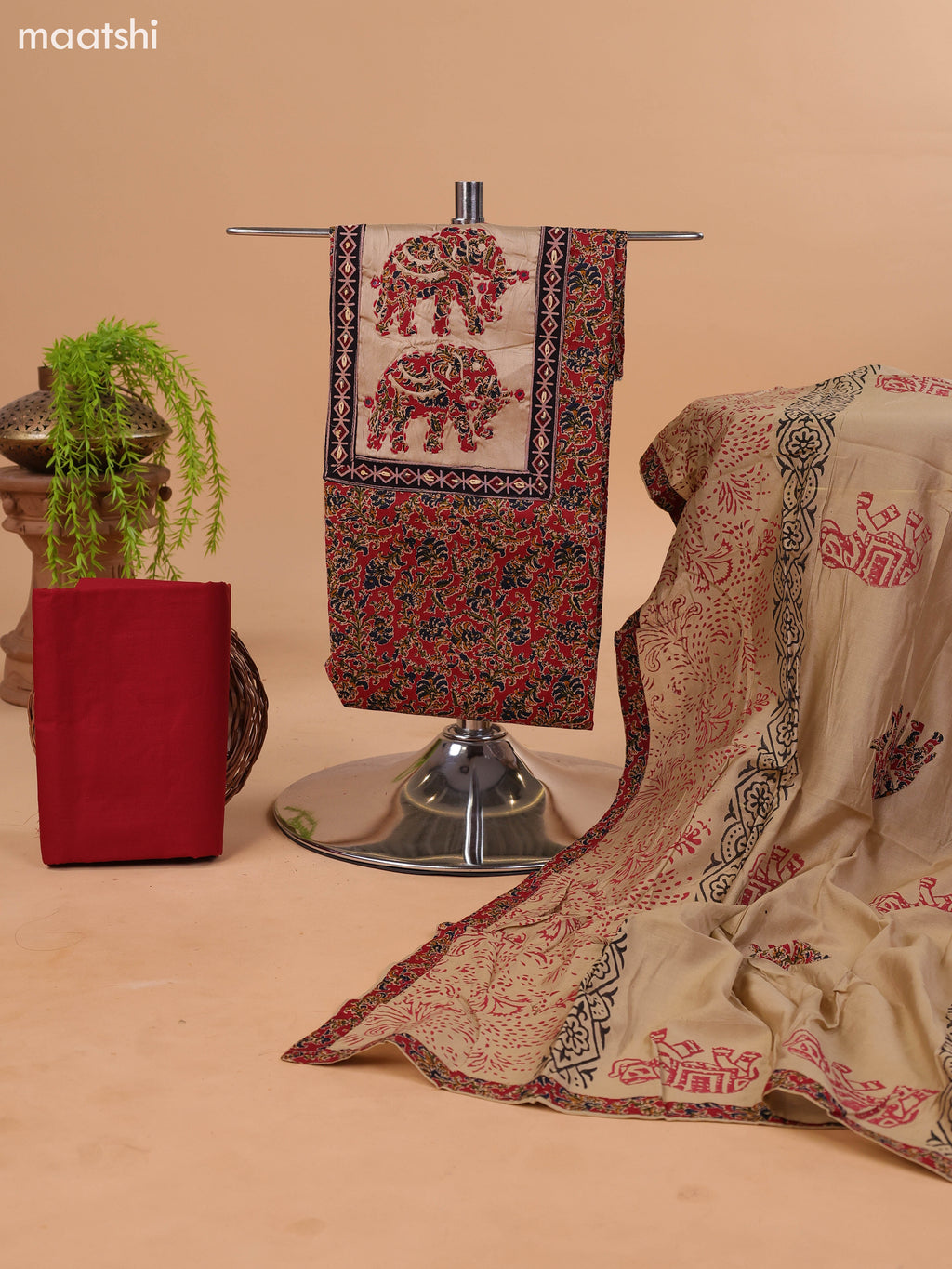 Dark Rust and Beige Cotton Dress Material With Kalamkari Prints & Patch Work Neck Pattern and Bottom & Dupatta