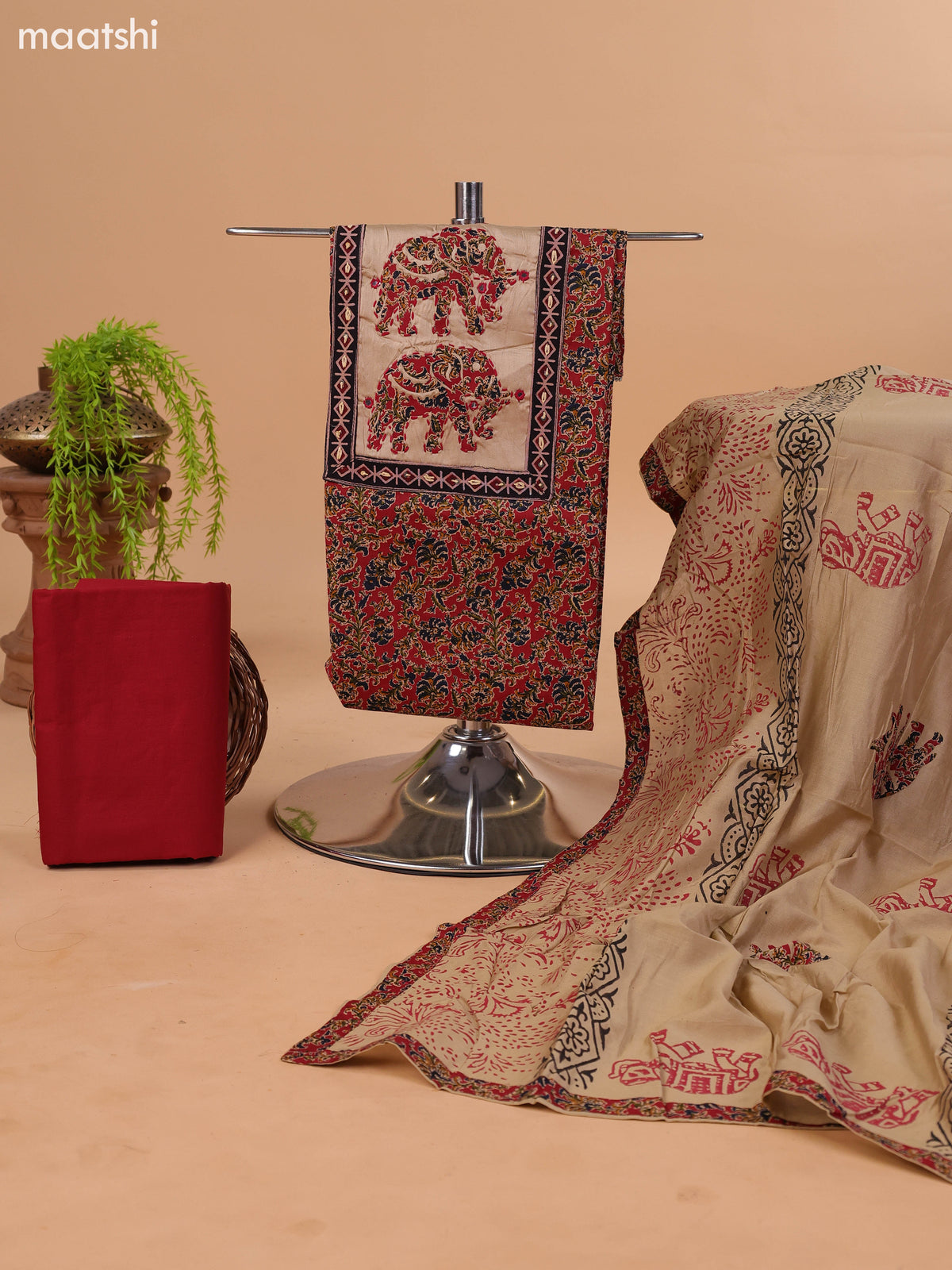 Dark Rust and Beige Cotton Dress Material With Kalamkari Prints & Patch Work Neck Pattern and Bottom & Dupatta