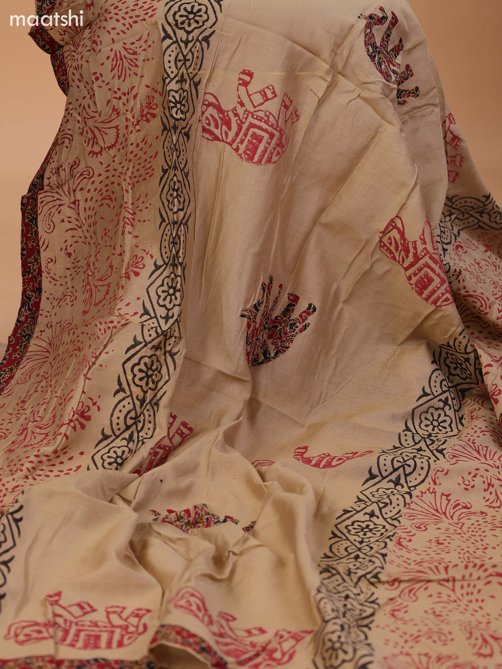 Dark Rust and Beige Cotton Dress Material With Kalamkari Prints & Patch Work Neck Pattern and Bottom & Dupatta