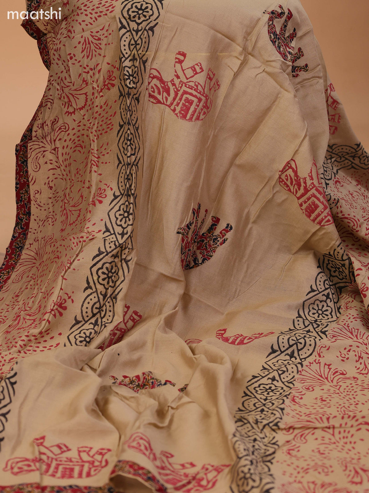 Dark Rust and Beige Cotton Dress Material With Kalamkari Prints & Patch Work Neck Pattern and Bottom & Dupatta