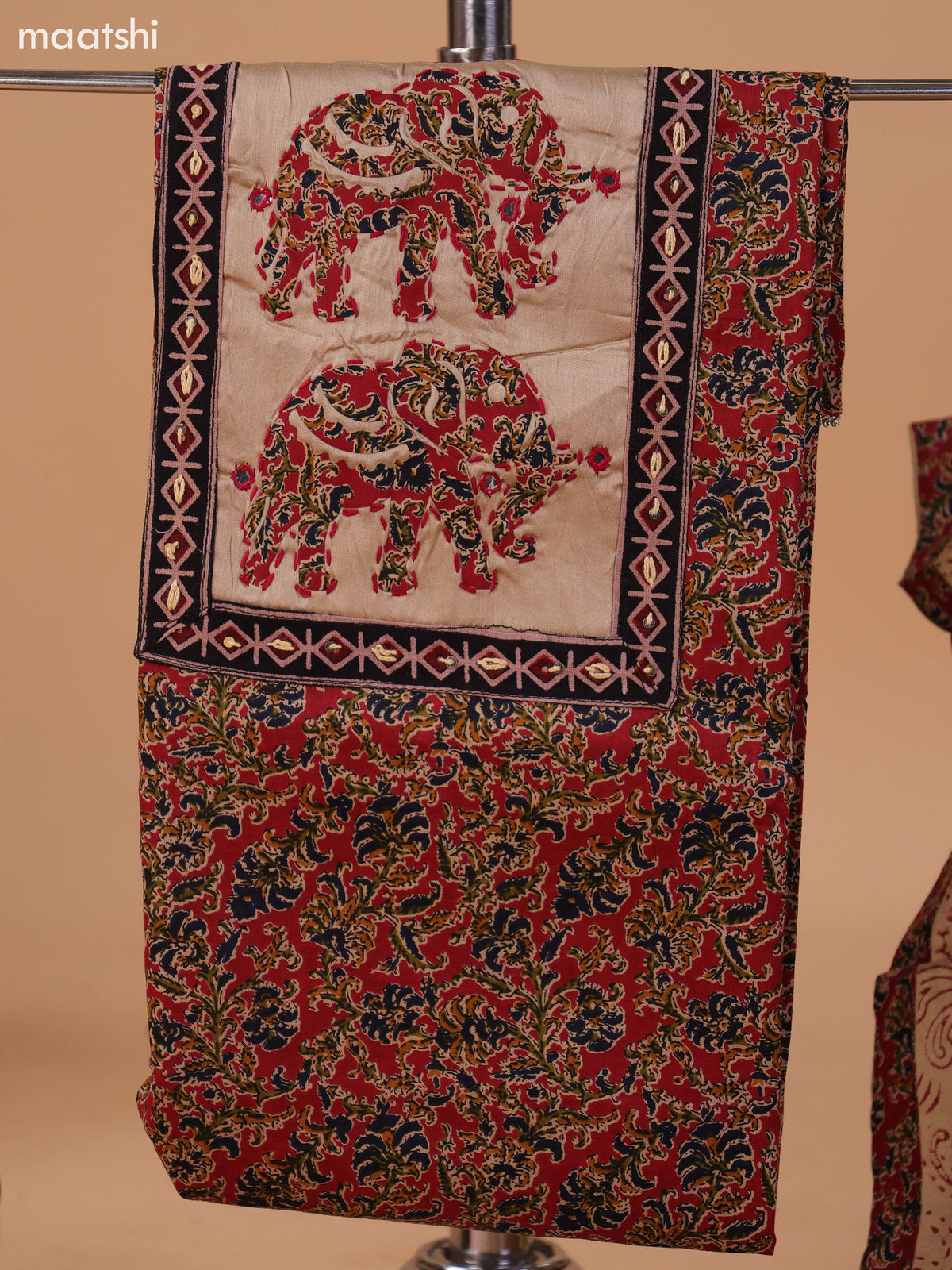 Dark Rust and Beige Cotton Dress Material With Kalamkari Prints & Patch Work Neck Pattern and Bottom & Dupatta