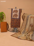 Dark Mustard and Beige Cotton Dress Material With Kalamkari Prints & Patch Work Neck Pattern and Bottom & Dupatta