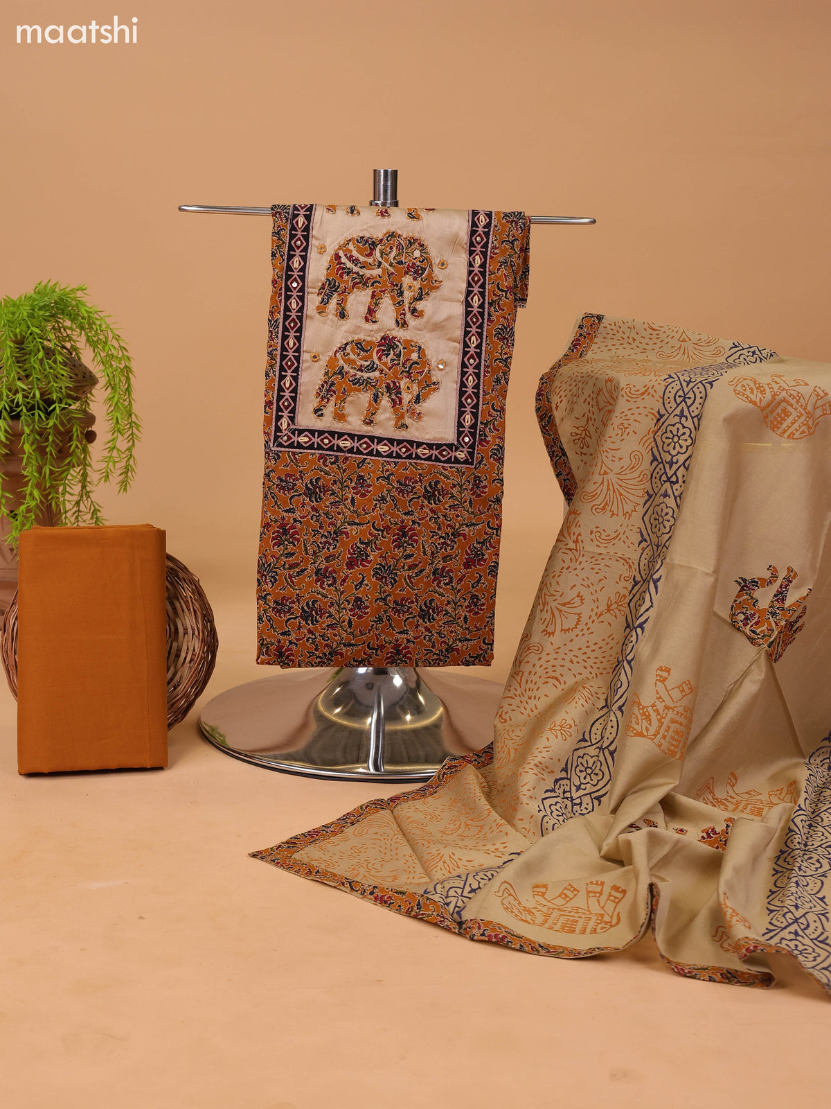 Dark Mustard and Beige Cotton Dress Material With Kalamkari Prints & Patch Work Neck Pattern and Bottom & Dupatta